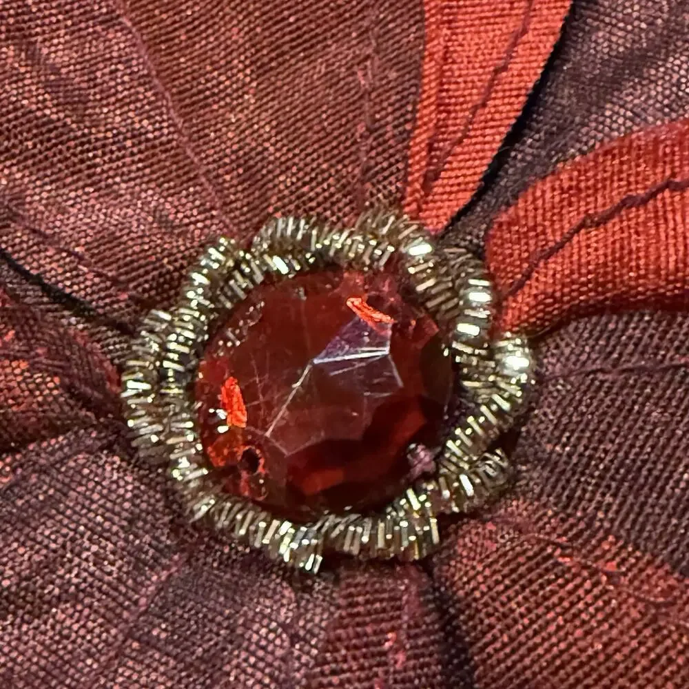 VTG Poinsettia Burgundy Red Christmas Stocking Metallic Thread Nylon Rhinestone